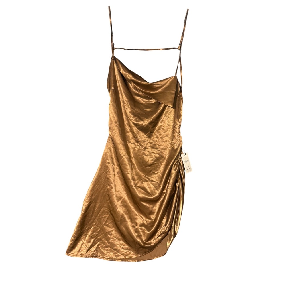 Satin Cowl Neck Mini Dress Bronze Chocolate Brown Asymmetrical Tulip Hem Cut Out